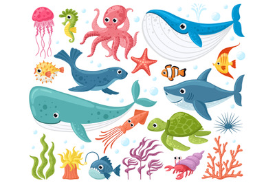 Cartoon sea animals. Cute ocean fish, octopus, shark and turtle, jelly