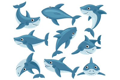 Cartoon sharks. Cute underwater shark animals, toothy fish mascot, oce