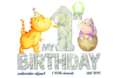 1st. Birthday dinosaur PNG. First Birthday Dino watercolour.  Printing