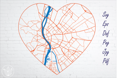 Budapest road map svg, eps, dxf, png, jpg, Heart shaped map, Cut file