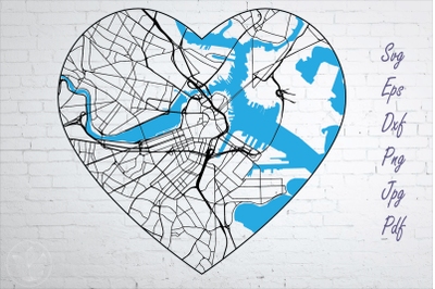 Boston road map svg&2C; eps&2C; dxf&2C; png&2C; jpg&2C; Heart shaped map&2C; Cut file