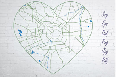 Milan road map svg, eps, dxf, png, jpg, Heart shaped map, Cut file