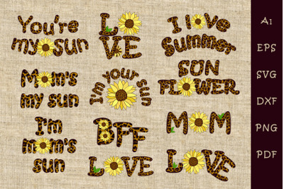 Set of phrases with leopard print and sunflower flower. SVG