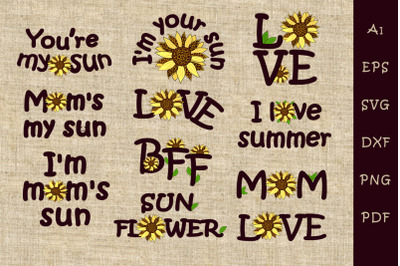 Set of phrases with sunflower flower. SVG