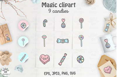 Candy clipart. Baby shower clipart. Magic clipart. 9 hand drawn design