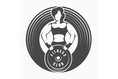 Fitness Emblem with Woman Holding Barbell Weight