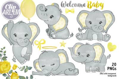 Welcome Baby Yellow Elephant Bundle 20 PNG watercolor set