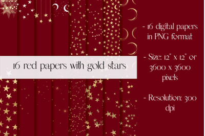 16 Red digital papers with gold stars, Christmas Papers