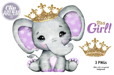Purple Gold Girl Elephant Crown clip art 3 PNG digital files