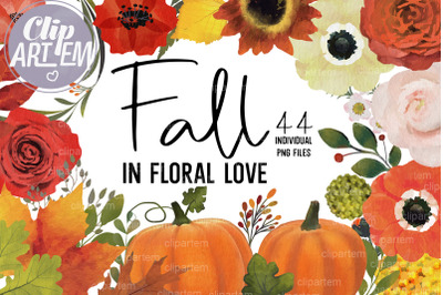 Watercolor Autumn Fall Floral Pumpkin Bundle 44 PNG images clipart set