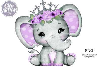 Floral Silver Purple Princess Elephant PNG clip art  sublimation