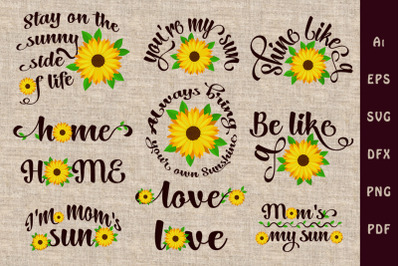 Set of phrases and words with sunflower flower