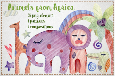 Watercolor animals from Africa