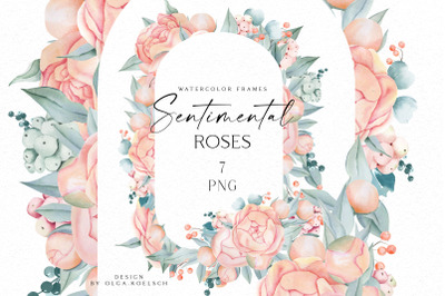 Boho roses frame clipart, Watercolor floral borders png, Wedding frame