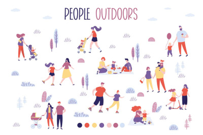 People outdoors, set of characters