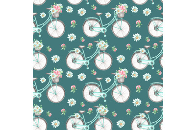 Bicycle watercolor seamless pattern. Bicycle with a basket. Flowers