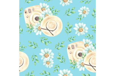 Camomiles and camera watercolor seamless pattern. Provence. Cute