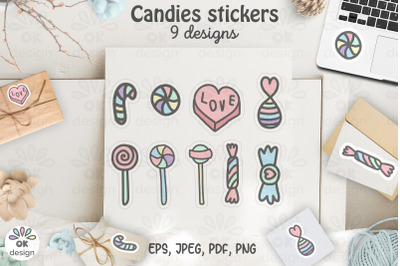 Candies Stickers. Printable 9 sweet designs. PNG&2C; JPEG&2C; PDF files.