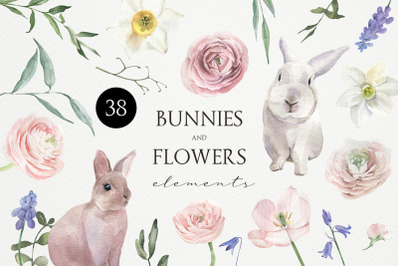 Watercolor Bunnies and Flowers