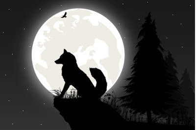 cute wolf and moon silhouette