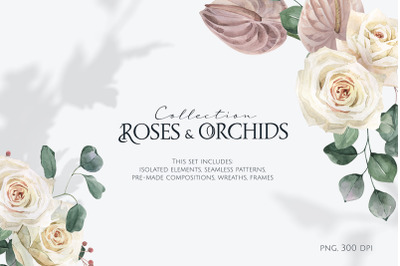Watercolor Roses and Orchids Set