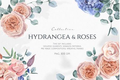 Hydrangea and Roses Watercolor Collection