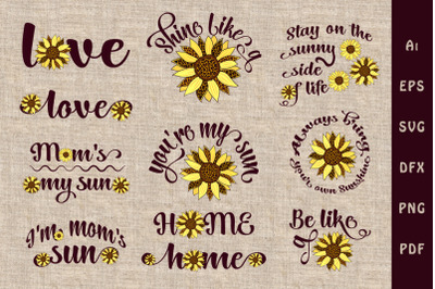 Set of phrases and words with sunflower flower