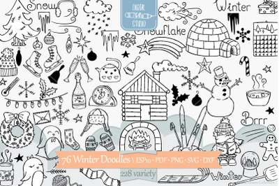 Winter Season Doodles | Hand Drawn Mittens, Igloo, Snowman, Penguin