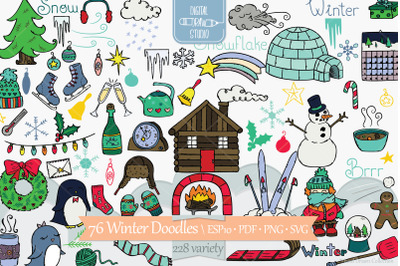 Winter Season Color Doodles | Mittens, Igloo, Snowman, Penguin, Sport