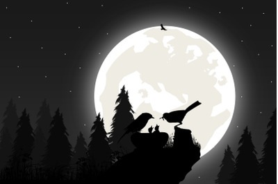 cute bird family and moon silhouette