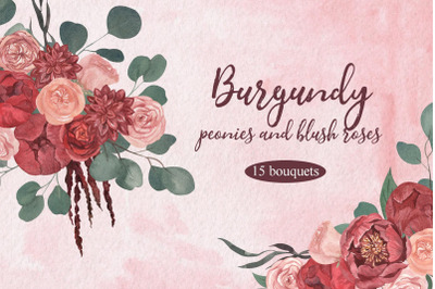 Burgundy Peonies and Blush Roses Watercolor Bouquets
