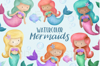 Watercolor Mermaid Clipart Illustrations