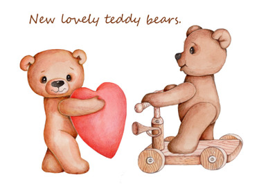 Lovely Teddy Bears. Watercolor illustrations.