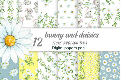 bunny and daisies, Digital papers pack. Watercolor Chamomile spring fl