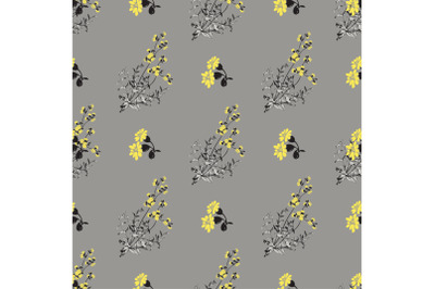 Hand drawn meadow flowers, leaves seamless pattern abstract background