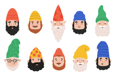 Garden gnomes emotions. Cute dwarf characters avatar&2C; happy&2C; funny and