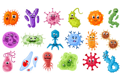 Cartoon bacteria characters. Viruses&2C; germs and pandemic microbes emot