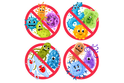 Bacterial protection. Germs in ged round prohibition signs, disinfecti