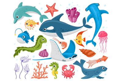 Ocean animals. Cartoon marine wildlife creatures, orca, stingray, crab