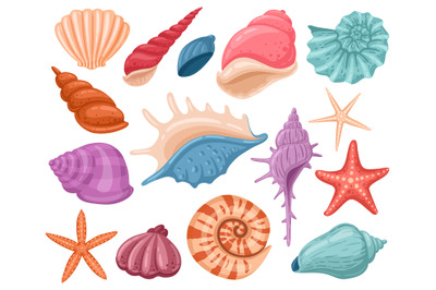 Cartoon seashells. Summer beach sea shells&2C; underw