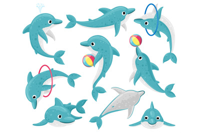 Cute cartoon dolphins. Underwater fauna mammal character, funny dolphi