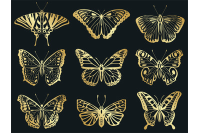 Golden butterflies. Shiny gold decorative butterflies silhouettes&2C; bea