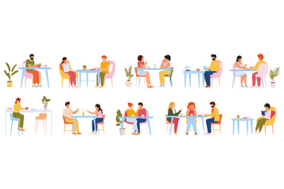 Eating people. Men and women eating meal in cafeteria, at home or rest