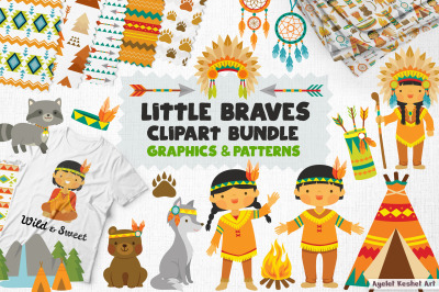 Native American inspired clipart bundle. Cute Indian kids, clipart and