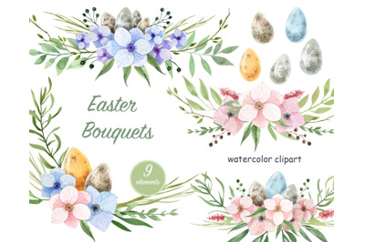 Watercolor Spring Easter Bouquet Set.