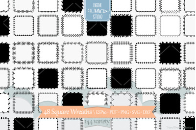 Square Wreaths | Hand Drawn Frames, Floral Borders, Laurel Monogram