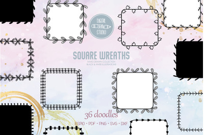 Square Wreaths | Hand Drawn Frames, Floral Borders, Laurel Monogram