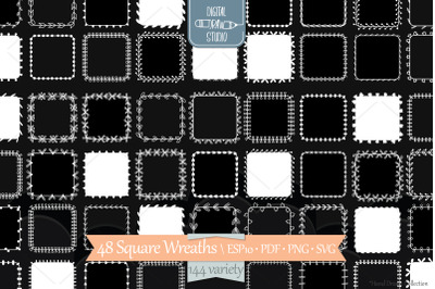 White Square Wreaths | Hand Drawn Frames, Floral Borders, Laurel