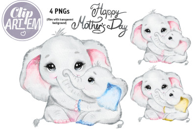 Mother and Baby Elephant Boy Girl Clip Art, PNG images