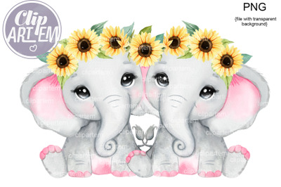 Twins Girl Elephants Sunflower PNG&2C; yellow pink twins sublimation